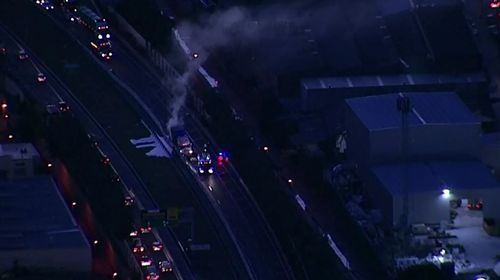 The truck fire has caused long delays on the M5 East heading into the western suburbs. Picture: 9NEWS