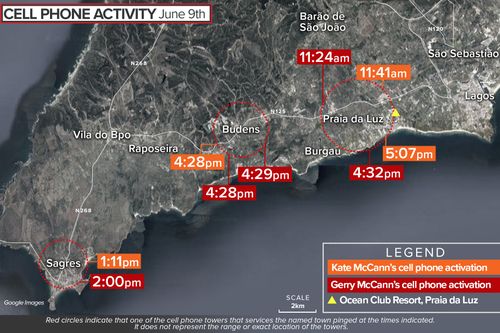 Map showing cell phone mast pings of Kate and Gerry McCann in Portugal, 2007.