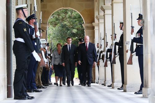 President Macron with the Governor-General of Australia, Sir Peter Cosgrove. Picture: AAP