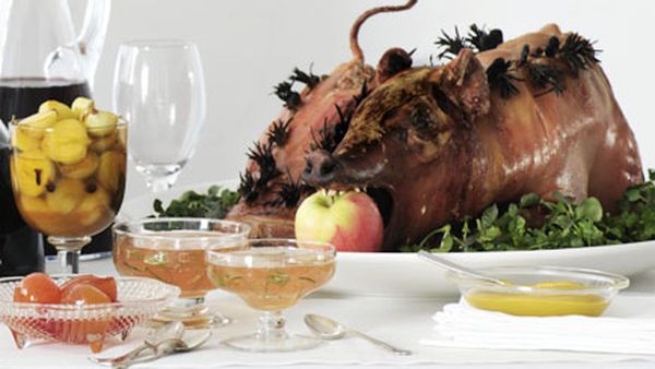 Roast suckling pig with walnut and apple stuffing