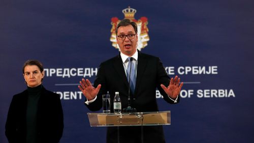 Serbian President Aleksandar Vucic speaks to the media during a news conference following the death of Mr Ivanovic. (AAP)