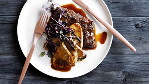 Pan-fried flank with shallot, mushroom and Madeira sauce