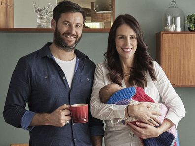 Clarke Gayford and Jacinda Ardern with baby Neve