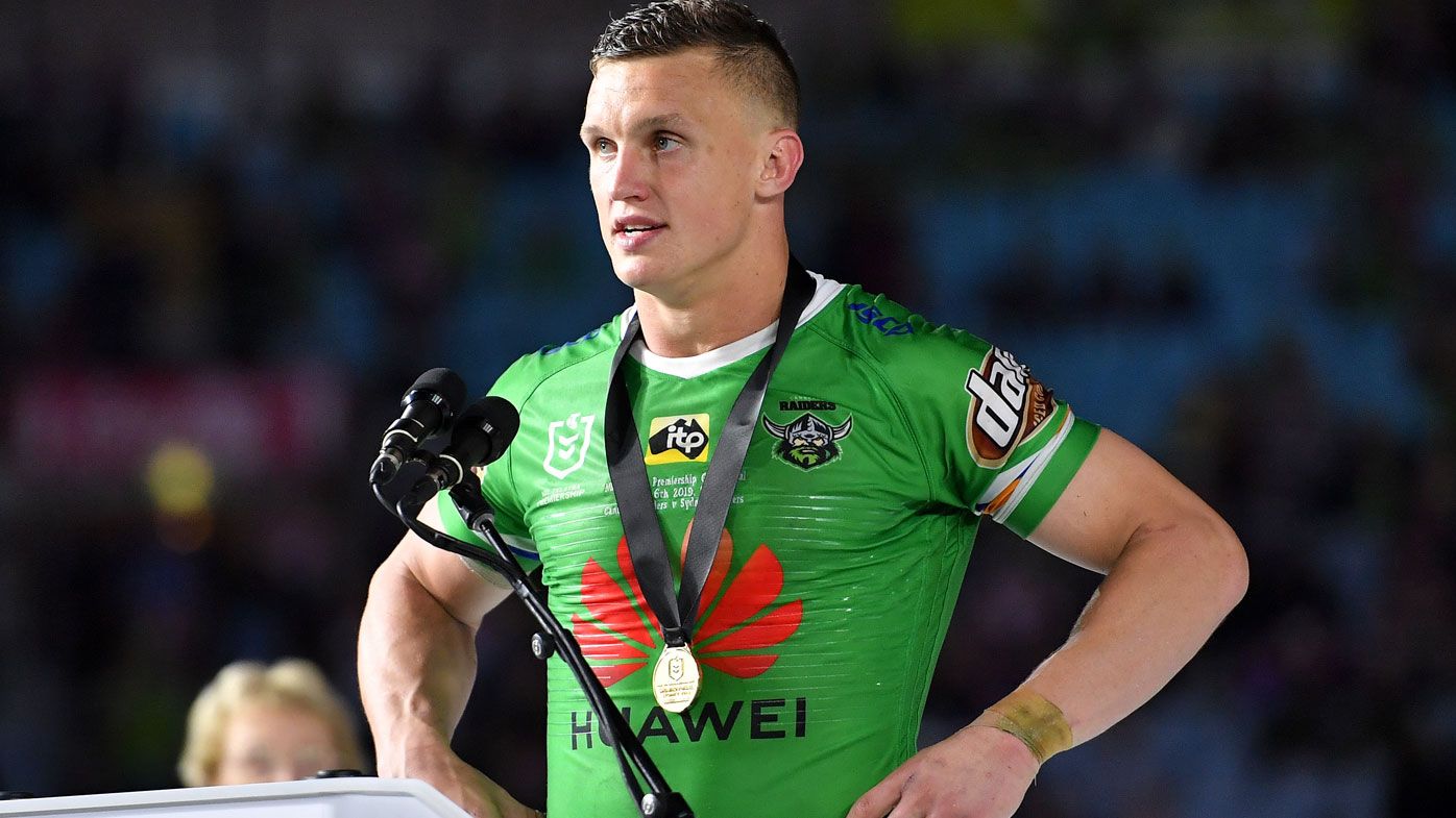 Jack Wighton of the Raiders speaks after being presented the Clive Churchill medal during the 2019 NRL Grand Final between the Canberra Raiders and the Sydney Roosters 