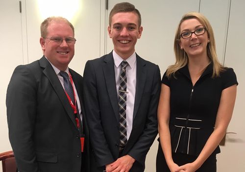 Michael and Ben (centre) Oakley meet South Australian Senator Skye Kakoschke-Moore, as they campaign for better medicinal cannabis laws in Australia. (Supplied)