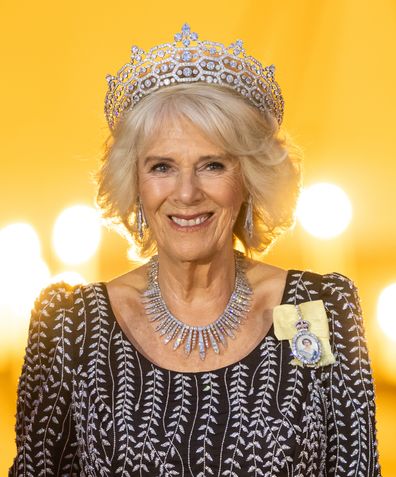 Camilla, Queen Consort, at a state banquet in Berlin, Germany, wearing the Boucheron Greville tiara and Queen Elizabeth's diamond fringe necklace and a Bruce Oldfield gown on Wednesday March 29, 2023.