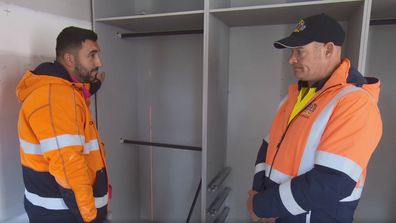 Keith looking very unimpressed with George's wardrobe measuring mistake. The Block 2020.