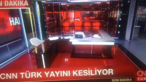 CNN Turk tweeted an image of their empty studio after soldiers forced their way in. (Twitter/CNN Turk)