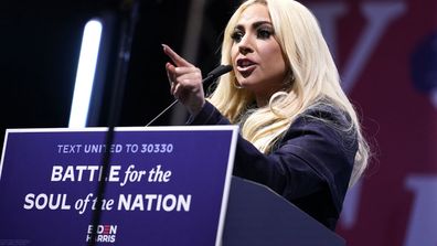 Lady Gaga speaks before performing during a drive-in rally for Democratic presidential candidate former Vice President Joe Biden at Heinz Field, Monday, Nov. 2, 2020, in Pittsburgh