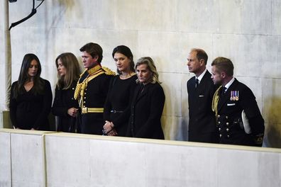 Prince Edward and Sophie, Countess of Wessex, watch as Prince William, the prince of Wales, Prince Harry,  Princess Beatrice, Lady Louise, Zara Tindall, Peter Phillips, Viscount James Severn and Princess Eugenie mount the vigil of the Queen's grandchildren around the coffin, as it lies in state on the catafalque in Westminster Hall, at the Palace of Westminster, London, Saturday,  Sept. 17, 2022