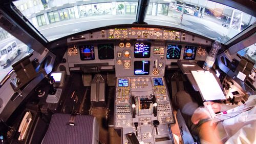 A view of the interior cockpit of the crashed Germanwings A320 aircraft with the identification number D-AIPX at the airport in Duesseldorf, Germany in the days before the crash. (AAP)