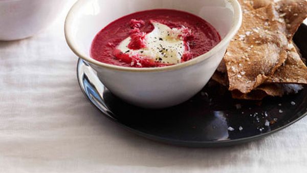 Beetroot soup with crème fraîche, horseradish and crisp rye crackers