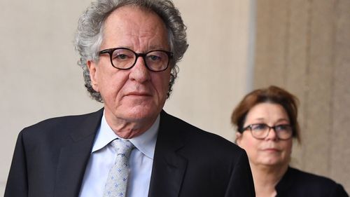 Geoffrey Rush outside court in Sydney today.