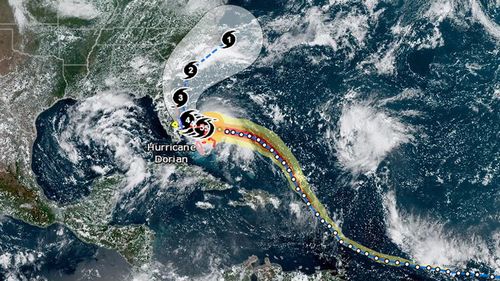 A handout photo made available by the US National Oceanic and Atmospheric Administration (NOAA) showing the track of Hurricane Dorian over the Bahamas.