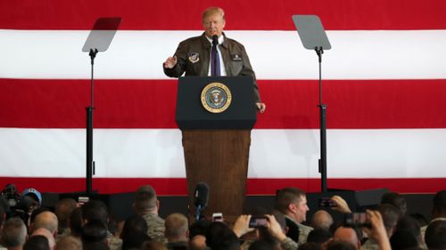 US President Donald Trump talks to troops in Japan. (AAP)