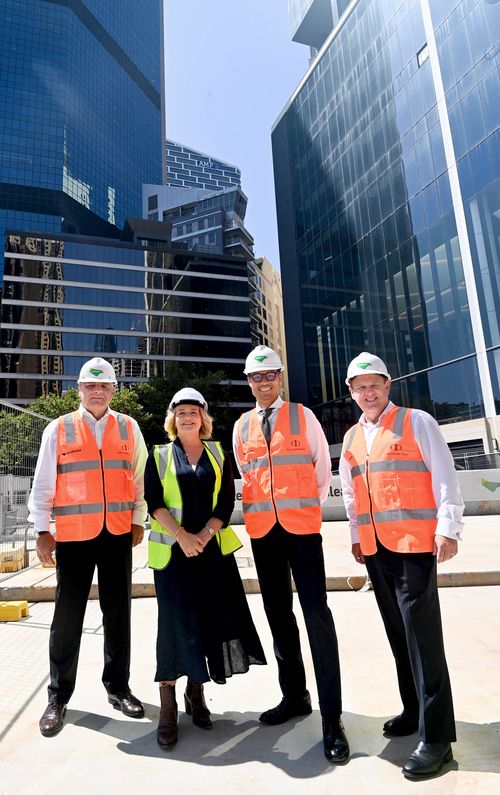 (LtoR)  Paul Hutton, Area Vice President and Head of Australasia at Hilton Asia Pacific, Tattarang Co-Owner Nicola Forrest, Yuzo Nishiyama. Executive Director - Head of Australia at Mitsubishi Estate Asia and Dale Connor, CEO, Australia Ð Lendlease tour the One Circular Quay property in Sydney