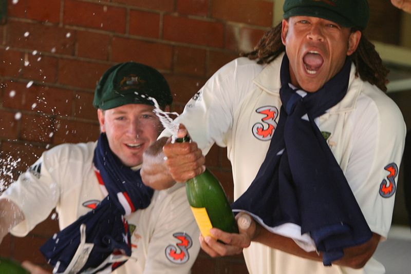 Michael Clarke and Andrew Symonds, pictured after Australia wrapped up the 2006-07 Ashes series 5-0.