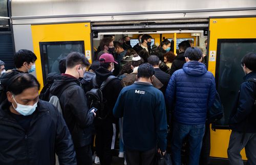 Crowds gather at Central Station in Sydney, as trains run on a reduced timetable as part of train drivers industrial action.  1st July 2022.