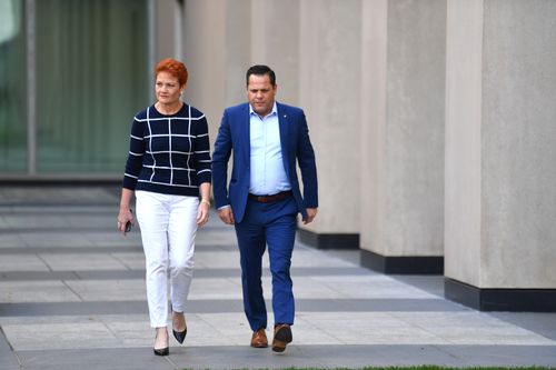 And then there were two. Burston's resignation from One Nation leaves Pauline Hanson with just one other MP for her party, in Peter Georgiou. Picture: AAP.