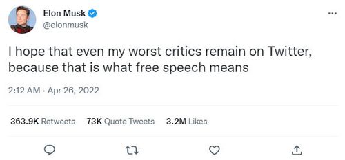 Un tweet d'Elon Musk disant qu'il espérait que ses pires critiques resteraient sur Twitter