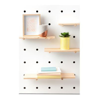 <a href="http://www.kmart.com.au/product/pegboard-with-wooden-shelves/806995" target="_blank" draggable="false">Kmart Pegboard with Wooden Shelves, $29.</a>