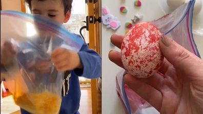 Left: Kid shaking a ziploc bag with yellow rice in it. Right: Easter egg dyed red.