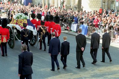 Prince Charles, Prince Harry, Earl Spencer, Prince William and Prince Philip, Duke of Edinburgh, follow the coffin of Diana The Princess of Wales towards Westminster Abbey for her funeral service on 06 September 1997. 