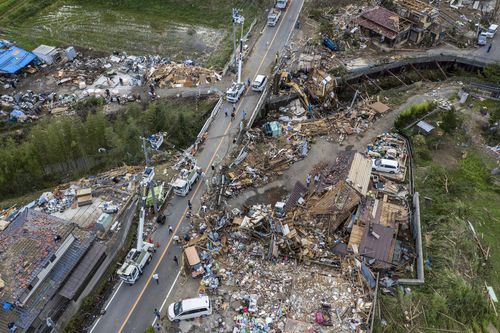 CHIBA, JAPAN - OCTOBER 13: Buildings lie in ruins after they were hit by a tornado shortly before the arrival of Typhoon Hagibis, on October 13, 2019 in Chiba, Japan. At least five people are reported dead and many others are missing after Typhoon Hagibis, one of the most powerful storms in decades, swept across Japan. (Photo by Carl Court/Getty Images) *** BESTPIX ***