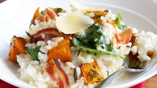 Pumpkin, spinach and pancetta risotto