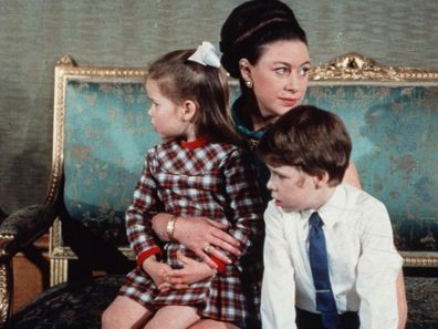 400806 34: (FILE PHOTO) Princess Margaret sits in 1970 with her children Lord Linley and Lady Sarah Armstrong-Jones. Buckingham Palace announced that Princess Margaret died peacefully in her sleep at 1:30AM EST at the King Edward VII Hospital February 9, 2002 in London. (Photo by Getty Images)