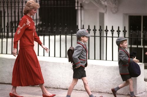 Princess Diana, in 1989, escorts her sons William and Harry to school. (AAP)