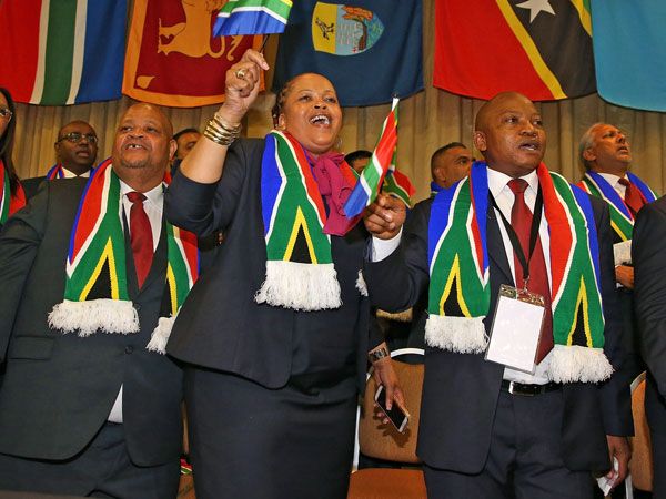Dignatories from South Africa celebrate Durban's winning Commonwealth Games bid. (Getty)