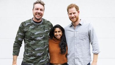 Armchair Expert Podcast co-hosts Dax Shepard and Monica Padman with Prince Harry