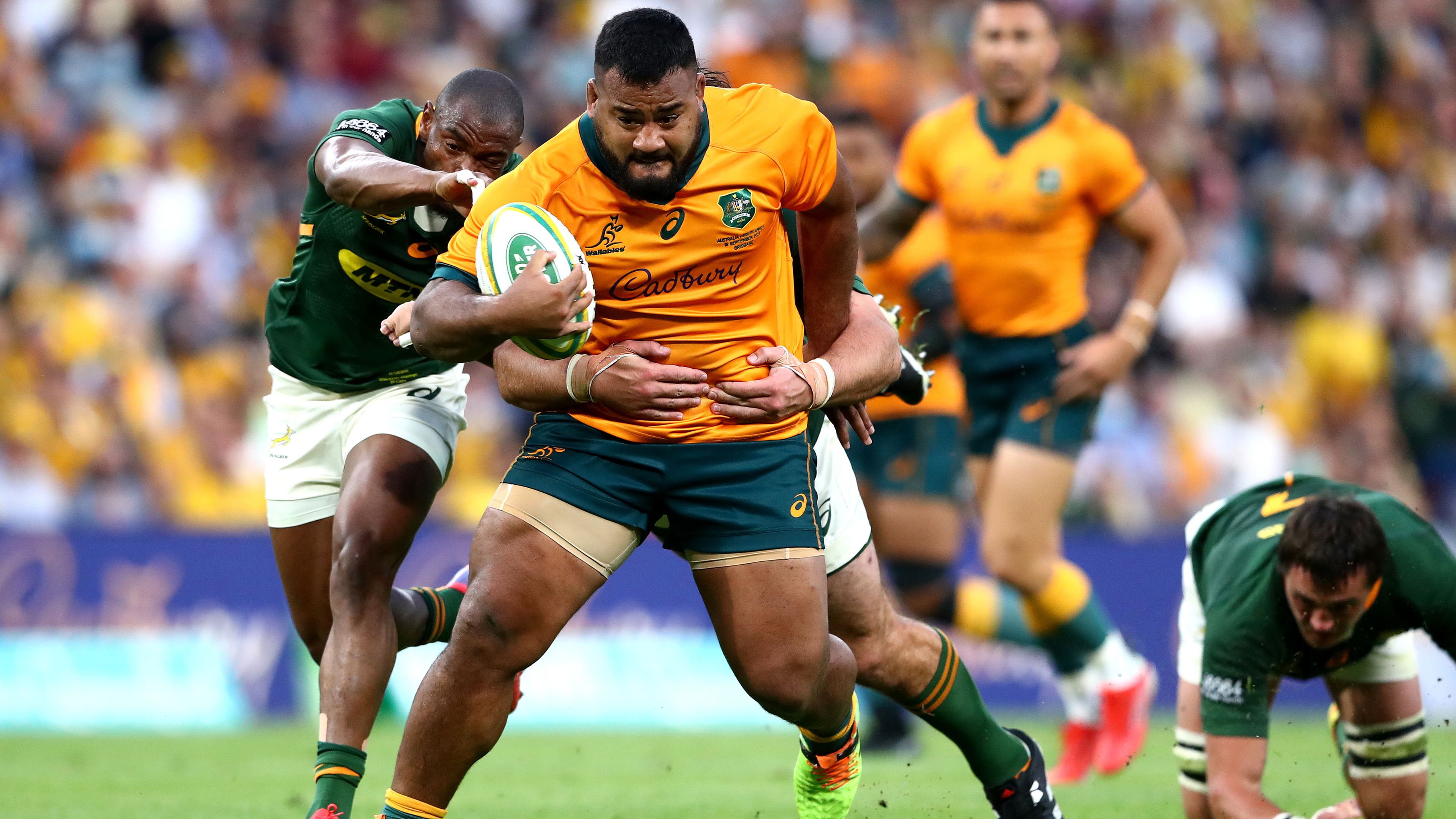 Wallabies prop Taniela Tupou on the charge against the Springboks.