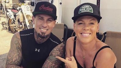 Pink, Carey Hart, selfie, motorbike