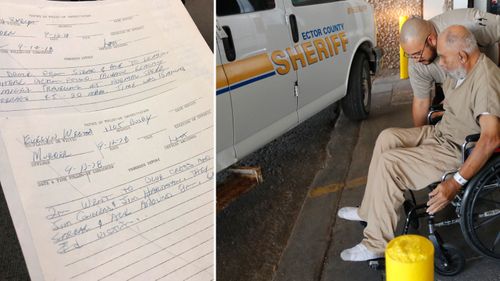 Richland County Sheriff Leon Lott's handwritten notes from the 1978 killing of Evelyn Weston with Samuel Little being helped from a wheelchair.