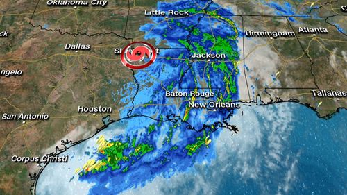 Weather map showing path of Hurricane Barry moving inland across the southern US.