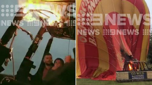 Vision obtained by 9News shows the balloon, which was carrying 15 passengers, on fire.