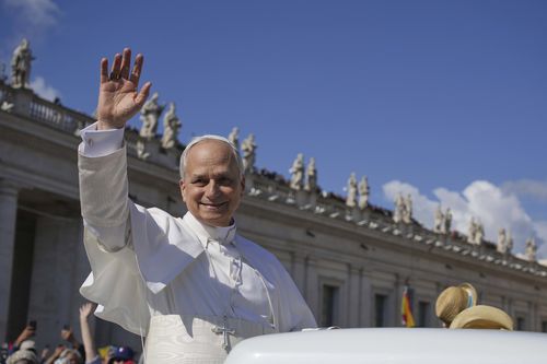 Pope Leo XIV greets visitors and worshippers ahead of the Inauguration Mass of Pope Leo XIV, at Vatican City 