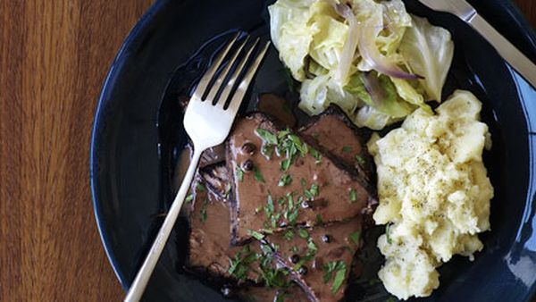 Beef Sauerbraten with parsley mash and cabbage