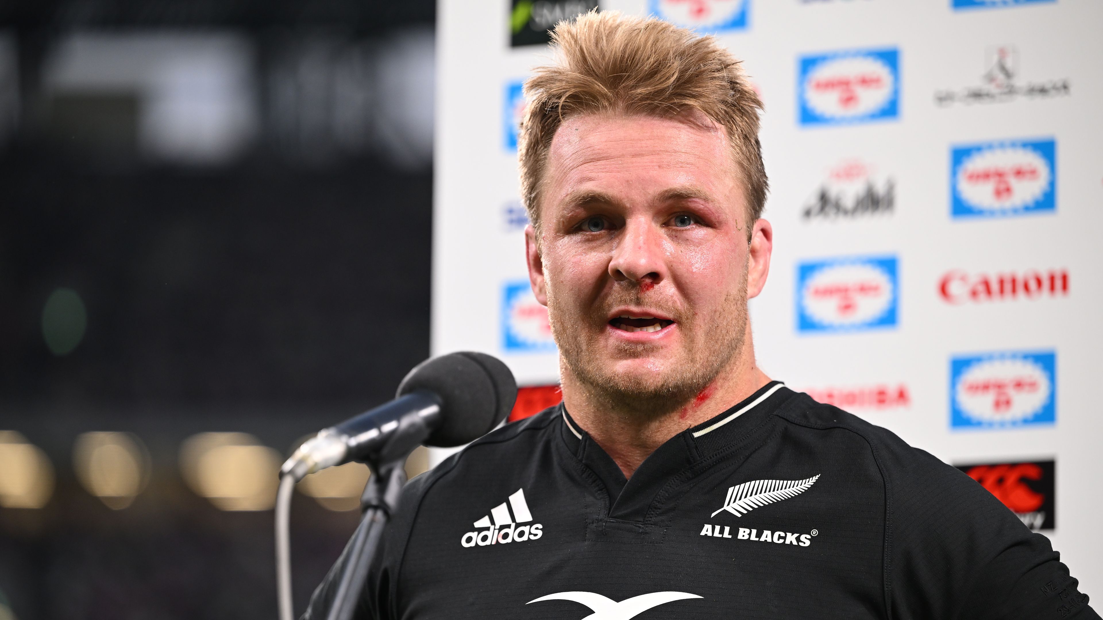 Sam Cane of New Zealand is interviewed at National Stadium.