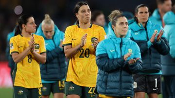 Sam Kerr and Matildas teammates thank the Stadium Australia crowd after losing their semi final to England.