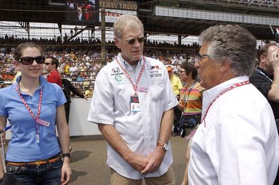 David Letterman, with assistant Stephanie Birkitt, talks to Mario Andretti before the start of the Indy 500 on May 27, 2007 in Speedway, Indiana. 