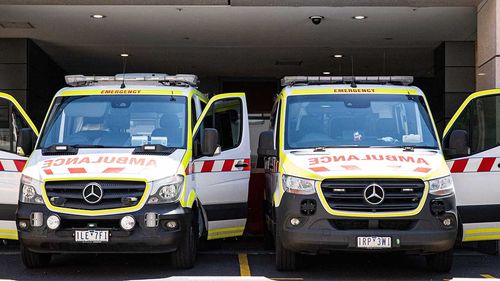 Victoria Ambulances are seen at the St. Vincent Hospital