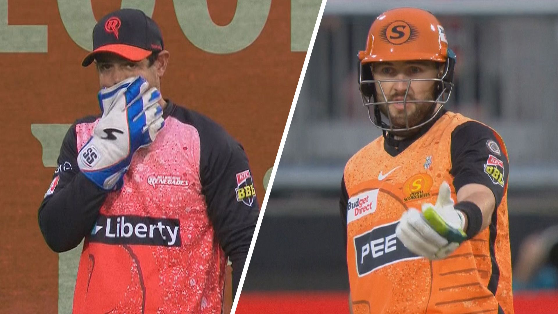 Quentin de Kock and Josh Inglis react after what would turn out to be the final ball of the BBL clash between the Renegades and Scorchers in Geelong.