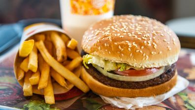 An 'Impossible Whopper' sits on a table at a Burger King restaurant 