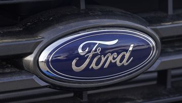 The blue oval logo of Ford Motor Company in east Denver.