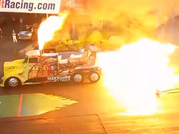 Monster jet-truck blows road apart