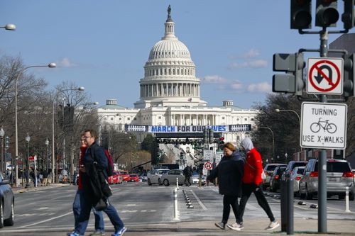 The stage area is set up on Pennsylvania Avenue near the US Capitol in Washington. (AAP)