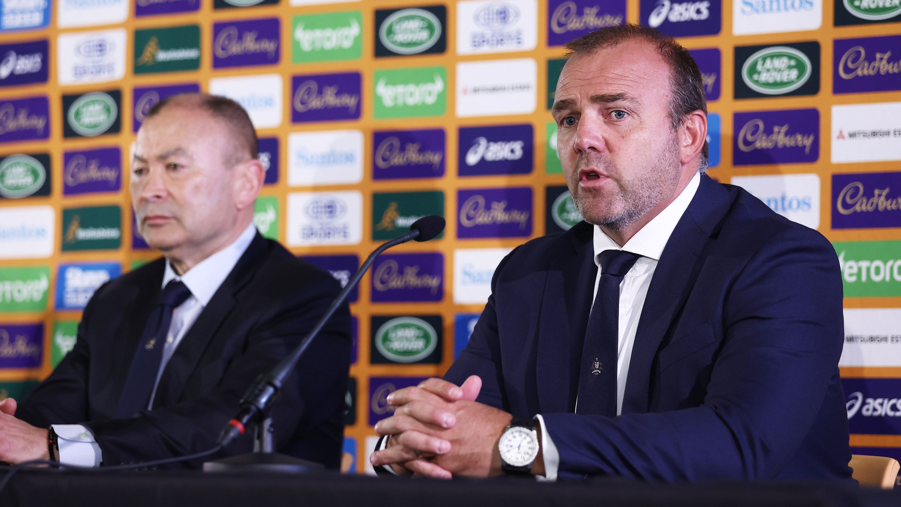 Rugby Australia CEO Andy Marinos (right) speaks to the media during a press conference.